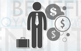 Image description: A grey silhouette cartoon person with a tie stands next to a briefcase. Three bubbles with dollar signs in them are to the right of the person. The words "BENEFITS" and "MONEY" are repeated faintly in the background