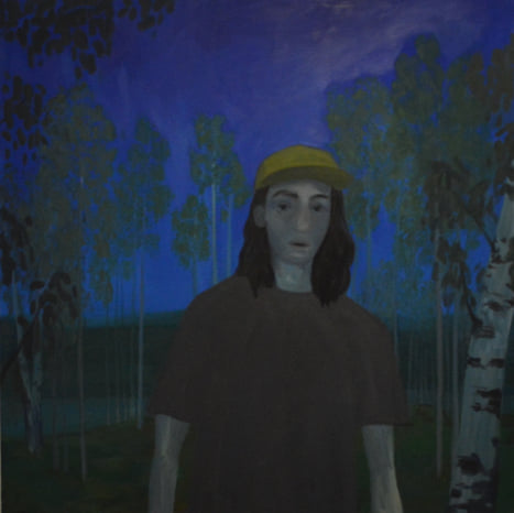 An oil painting of a figure with long hair and a yellow cap. The figure is white and wearing a dark T shirt. There are birch trees in the background. The sky is dark blue in the background. 