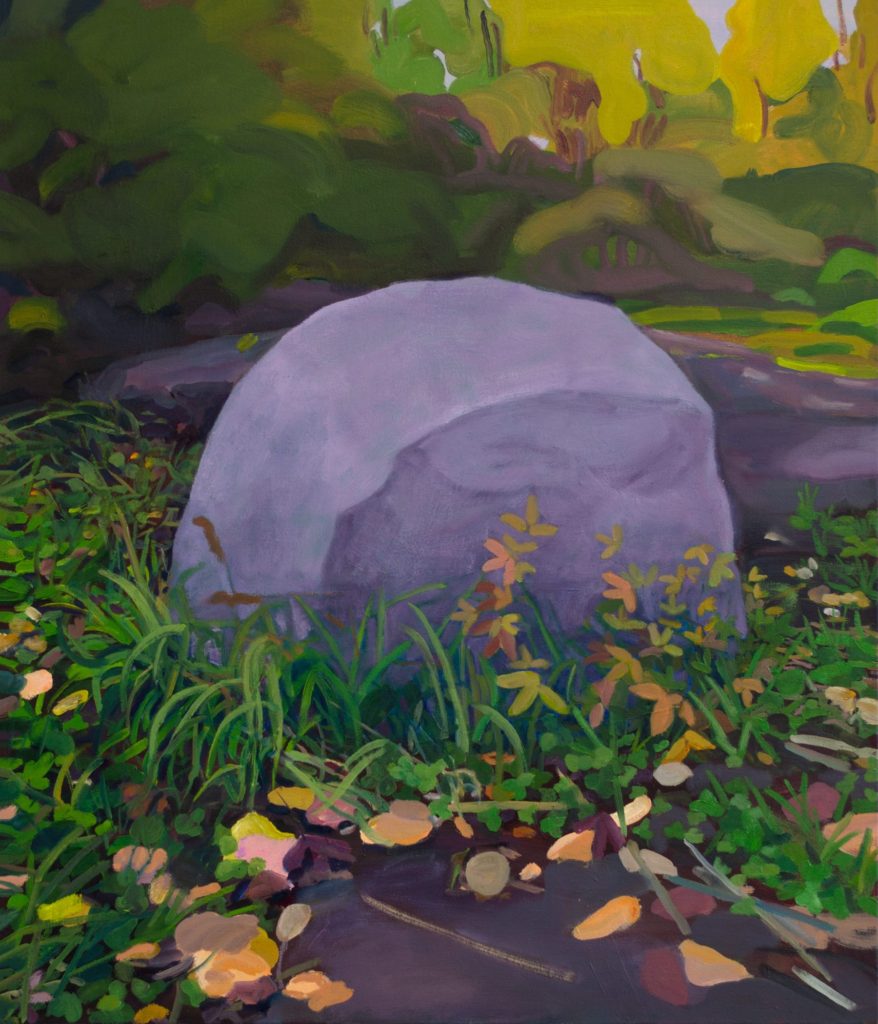 An oil painting of a rock in the middle of woods. The rock sits on grass and orange leaves. 