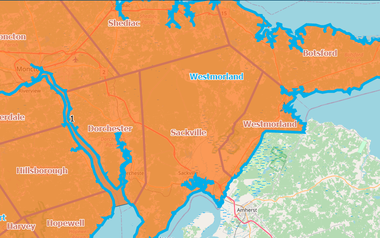 A map of New Brunswick is shown in orange, to indicate that NB is in the orange zone for COVID-19. Sackville is shown in Westmorland County. 