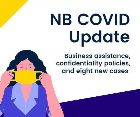 A graphic with a person with long, black curly hair putting on a yellow face mask is shown. The person is white, and is wearing a purple shirt with a collar. The graphic reads "NB COVID Update: Business assistance, confidentiality policies, and eight new cases." There is a yellow triangle in the top left corner, and a dark purple rectangle on the bottom half of the graphic.