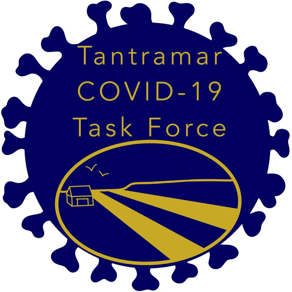 The Tantramar COVID-19 Task Force logo is shown. The logo has the group name in yellow writing, the background is the COVID-19 virus all in blue. 