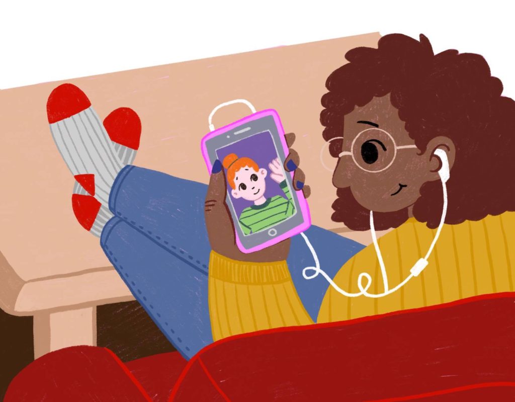 An illustration of a person sitting on a couch talking to another person on FaceTime.