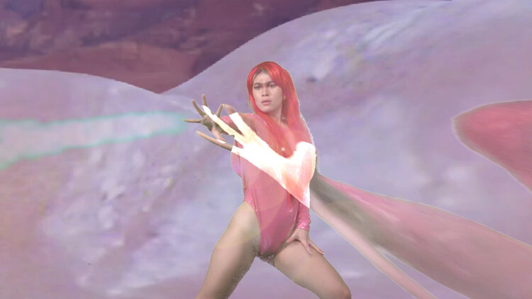 A person in a leotard poses against a projected background with abstract shapes.