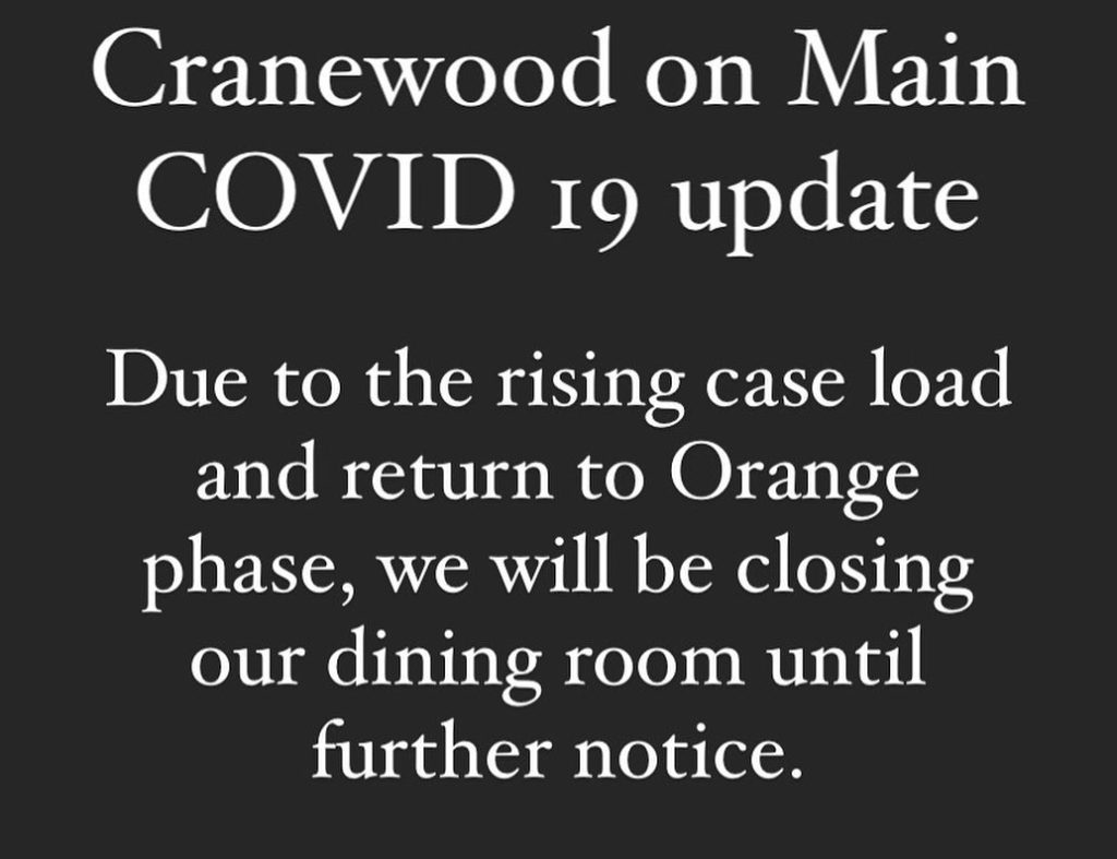 Cranewood's Facebook updating stating the closure of their dining room due to COVID-19.