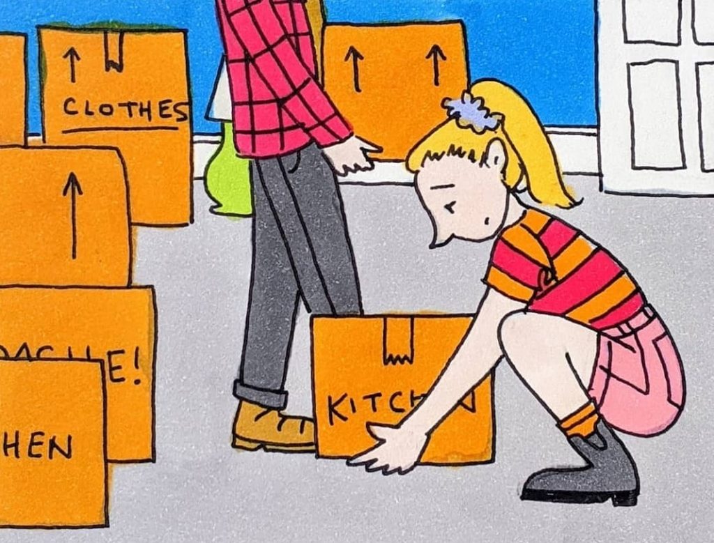 A hand-drawn and painted illustration of two people picking up and moving boxes labelled "kitchen."