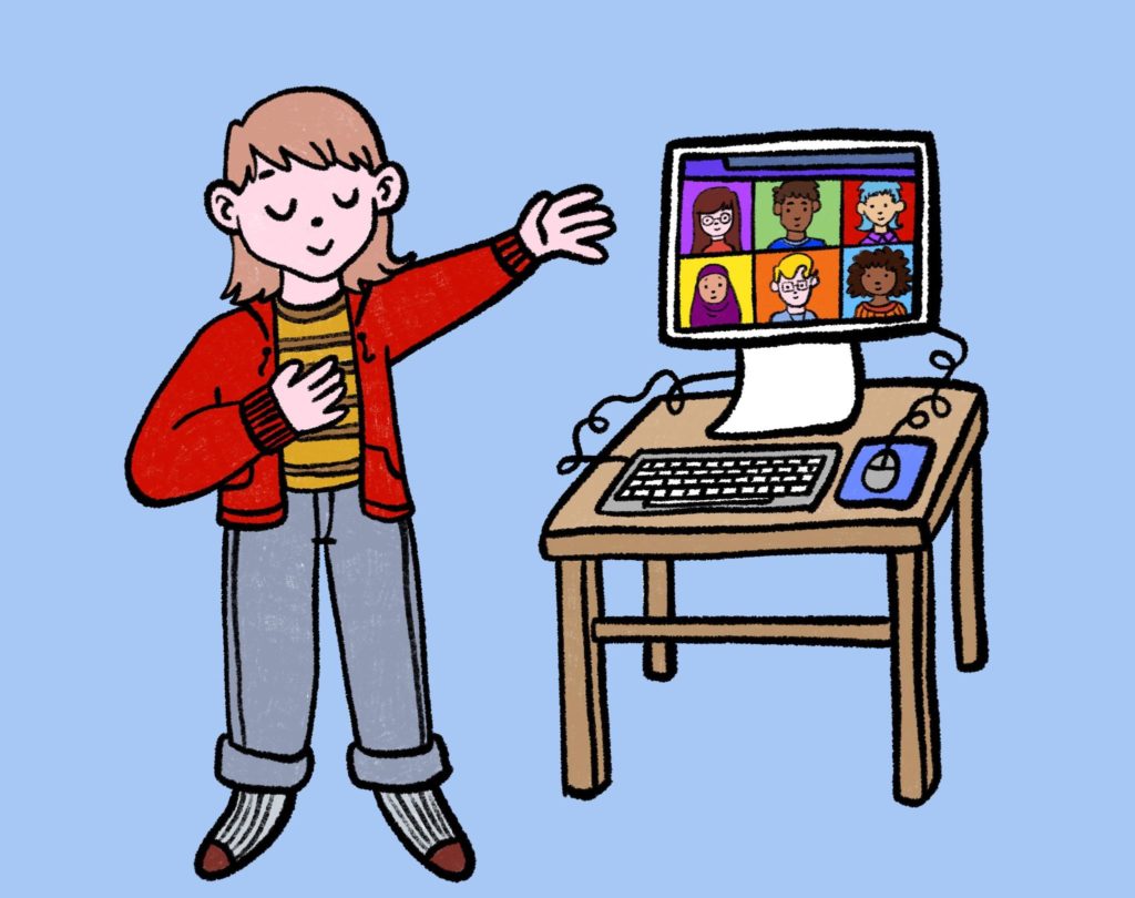 A drawing of a child posing in front of a computer screen. The screen shows six other children smiling.