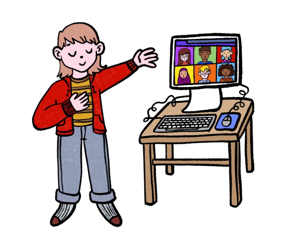 A drawing of a child posing in front of a computer screen. The screen shows six other children smiling.